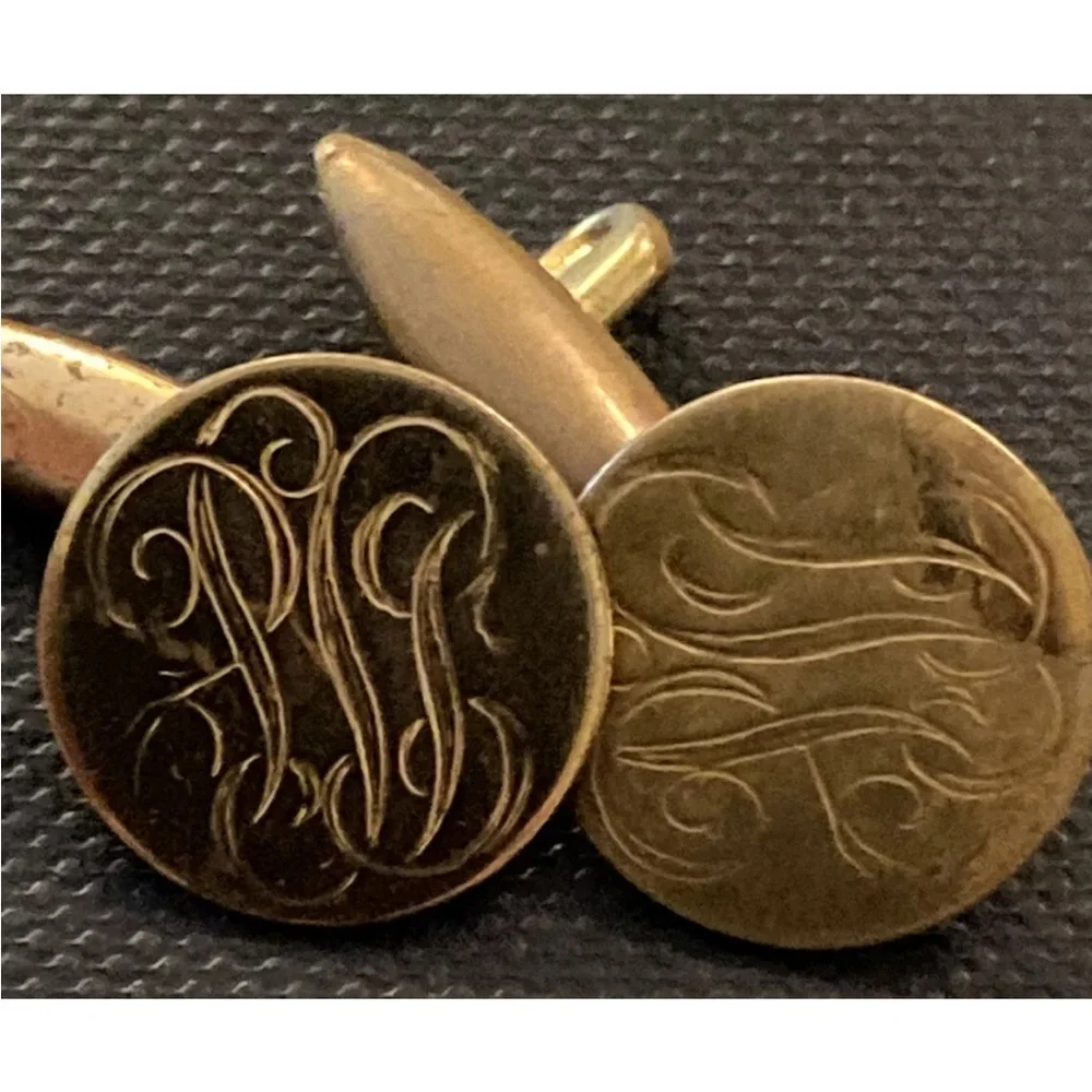 Vintage Art Deco Engraved Cufflinks Bronze Plate Gold Color Estate